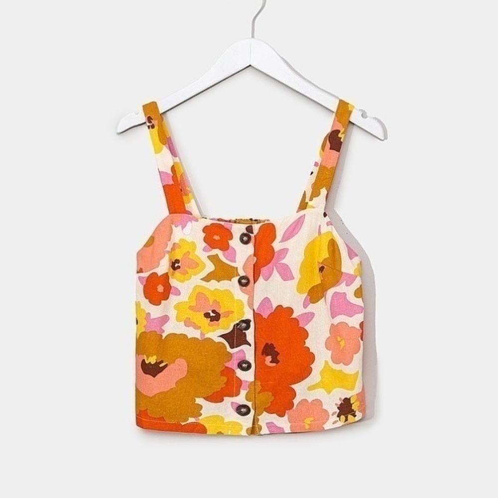 Momni Grandes Fleurs Button Crop Tank Size Small Linen Blend Multicolor